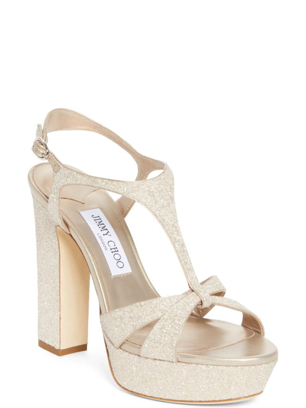 JIMMY CHOO Kesia 120 Glitter Platform Sandal Light Soft Gold 38 US 8